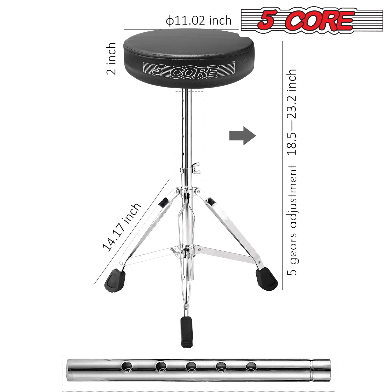 5Core Drum Throne featuring high-density memory foam and adjustable height for drummers, showcasing its sturdy design and comfort.